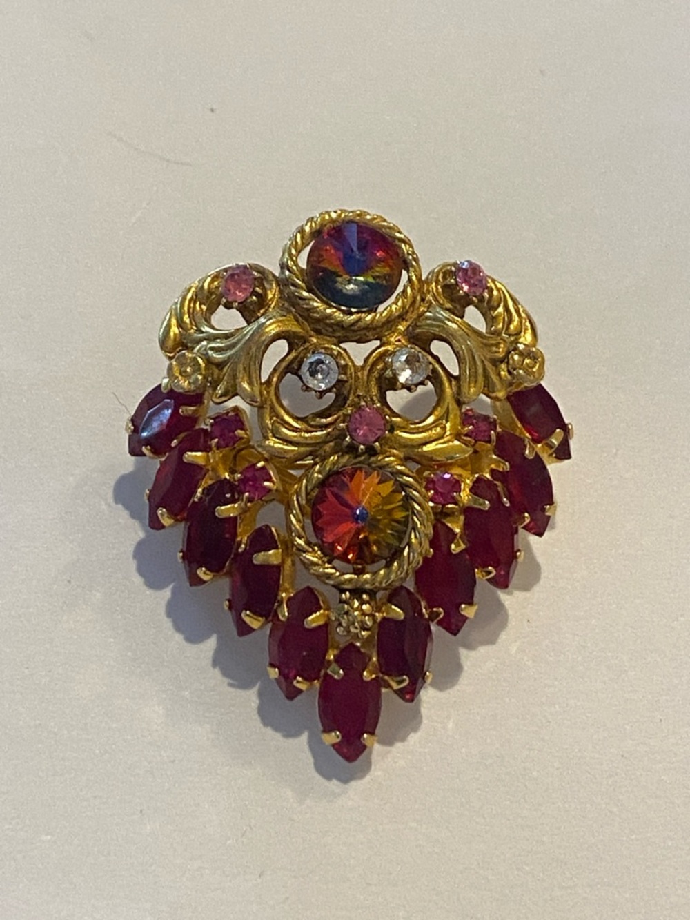 Vintage Gold-Tone Pink and Aurora Borealis Crystal Brooch